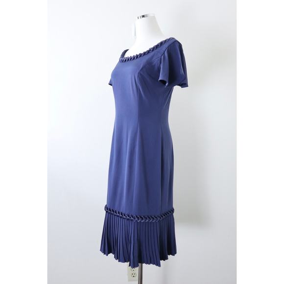 Roland Nivelais Size 6 100% Silk Sheath Cocktail Dress Pleated Hem Navy Blue - Picture 6 of 14